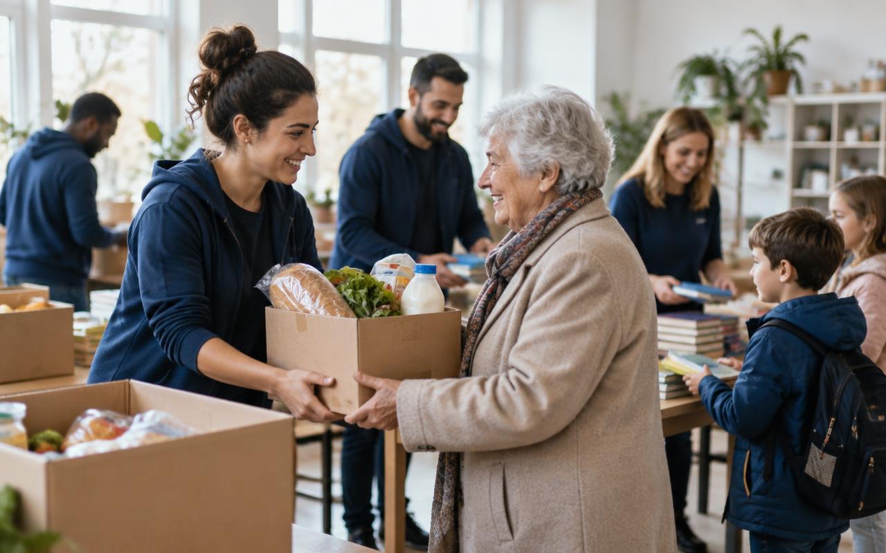 Équipe solidaire remettant des produits essentiels à une personne âgée